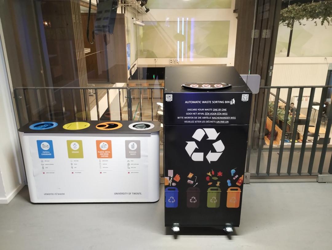 Traditional sorting bin (left) and Garby the waste sorting bin (right)
