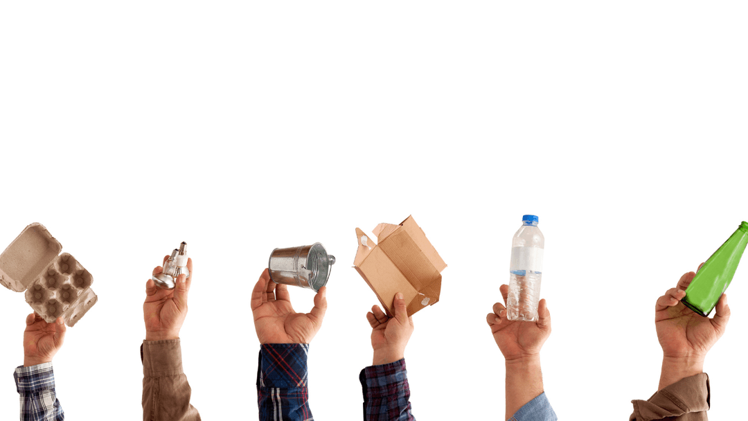 six hands holding different recyclable products